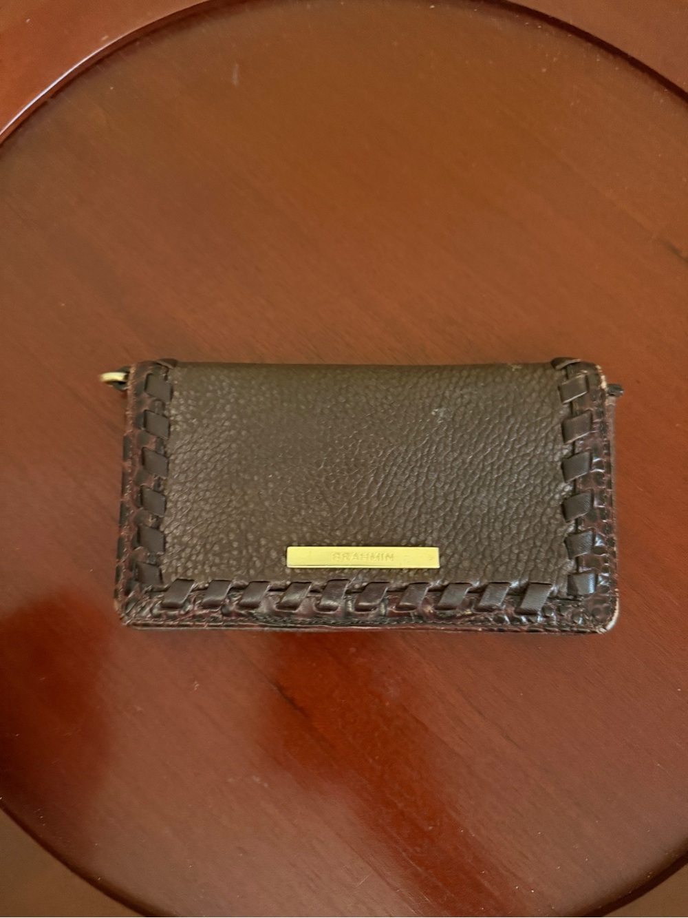 Brahmin Dark Brown Pebbled Leather Card Case with Woven Trim